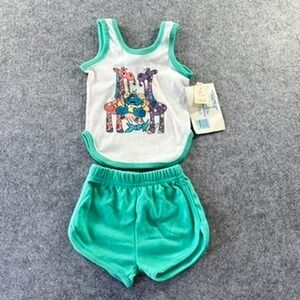 Vintage Adorable Infant Girls Tank Top and Shorts Set Giraffe Teal Green 18M NWT